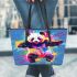 Cute panda in the style of rainbow paint splash leather tote bag