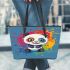 Cute panda in the style of rainbow paint splash leather tote bag