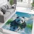 Cute panda is playing in the water area rugs carpet