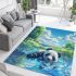Cute panda is playing in the water area rugs carpet