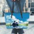 Cute panda is playing in the water leather tote bag