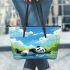 Cute panda lying in the water leather tote bag