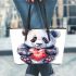 Cute panda making a heart with its hands leather tote bag