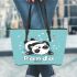 Cute panda rolling on the ground leather tote bag