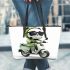 Cute panda wearing black sunglasses motorcycle leather tote bag