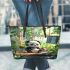 Cute panda wearing headphones leather tote bag