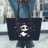 Cute panda wearing headphones is listening to music leather tote bag