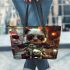 Cute panda wearing sunglasses and leather rides leather tote bag