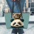 Cute panda with cat on its head leather tote bag