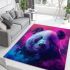 Cute panda with colorful smoke in front of a pink area rugs carpet