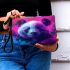 Cute panda with colorful smoke in front of a pink makeup bag