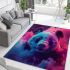 Cute panda with colorful smoke in front of a pink area rugs carpet