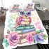 Cute pastel colorful owl sitting on top of books bedding set