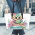 Cute pastel colorful owl sitting on top of books leather tote bag