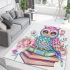 Cute pastel colorful owl sitting on top of books area rugs carpet