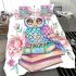 Cute pastel colorful owl sitting on top of books bedding set