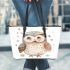 Cute pastel watercolor illustration of an owl leather tote bag