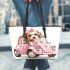 Cute pink car with a cute puppy wearing a bow on its head leather tote bag