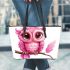 Cute pink owl cartoon character leather tote bag