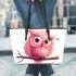 Cute pink owl cartoon character leather tote bag