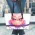 Cute pink owl cartoon character clip art leather tote bag