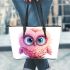 Cute pink owl cartoon character clip art leather tote bag