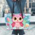 Cute pink owl with a bow on its head leather tote bag