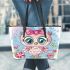 Cute pink owl with a bow on its head 20 leather tote bag