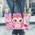Cute pink owl with a bow on its head surrounded by candy leather tote bag