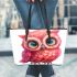 Cute pink owl with big eyes leather tote bag