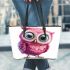 Cute pink owl with big eyes leather tote bag