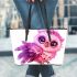 Cute pink owl with big eyes leather tote bag