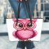 Cute pink owl with big eyes clipart leather tote bag