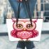 Cute pink owl with big eyes clipart leather tote bag