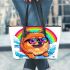 Cute pomeranian dog wearing black sunglasses leather tote bag