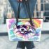 Cute pomeranian dog wearing black sunglasses leather tote bag