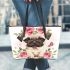 Cute pug puppy with pink roses and butterfly leather tote bag