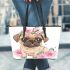Cute pug puppy with pink roses and butterfly leather tote bag