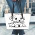 Cute puppy playing with a stick coloring page for kids leather tote bag