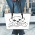 Cute puppy playing with a stick coloring page for kids leather tote bag