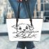 Cute puppy playing with a stick coloring page for kids leather tote bag