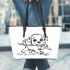 Cute puppy playing with a stick coloring page for kids leather tote bag