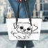 Cute puppy playing with a stick coloring page for kids leather tote bag