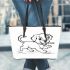 Cute puppy running with its tail up leather tote bag