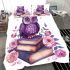 Cute purple owl sitting on top of books surrounded by pink roses bedding set