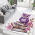 Cute purple owl sitting on top of books surrounded by pink roses area rugs carpet