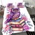 Cute purple owl sitting on top of books surrounded by pink roses bedding set