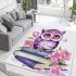 Cute purple owl sitting on top of books with pink roses area rugs carpet