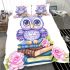 Cute purple owl sitting on top of books with pink roses bedding set