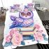 Cute purple owl sitting on top of books with pink roses bedding set
